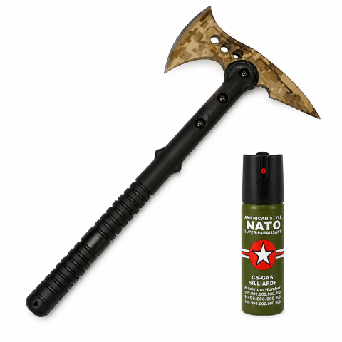 Topor camping - Set topor survivor si spray autoapărare NATO cu jet, DEPOX®, 39 cm/60 ml