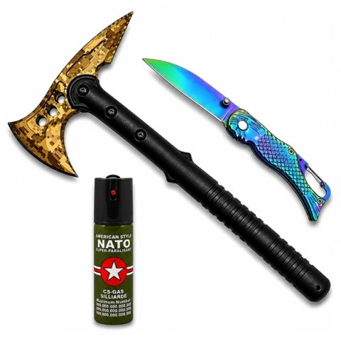 Topor camping - Set topor Survivor, cutit de buzunar sirena si spray paralizant DEPOX®,39 cm/15 cm/110 ml, husa inclusa