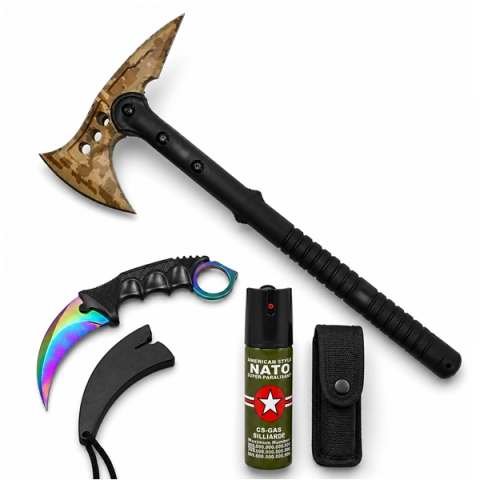 Topor camping - Set topor Survivor, spray paralizant si cutit karambit DEPOX®, 39 cm/110 ml/25 cm, husa inclusa