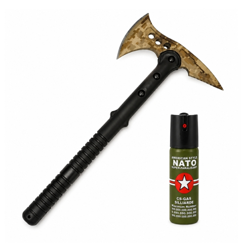 Topor camping - Set topor survivor si spray paralizant NATO, propulsie jet DEPOX®, 39 cm/60 ml