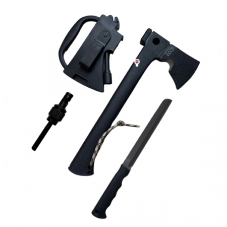 Topor camping - Topor tactic de vanatoare cu amnar,cutit si fluier, IdeallStore®, 35,5 cm , teaca inclusa