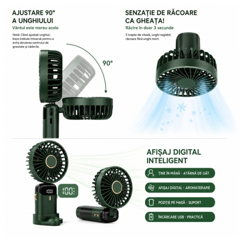 Ventilator portabil USB reîncărcabil, DEPOX®, silențios cu 5 trepte de viteză, verde [7]