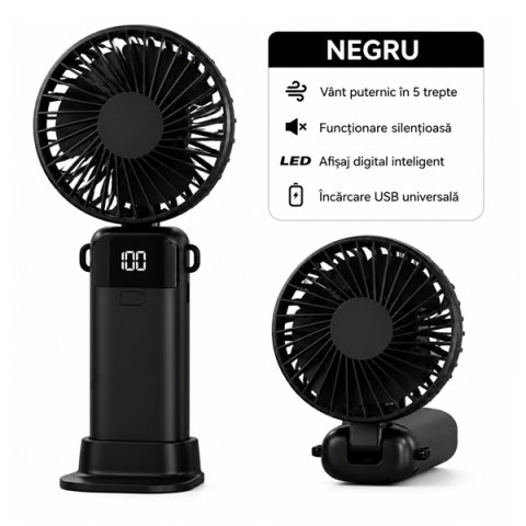 Ventilator portabil USB reîncărcabil, DEPOX ,silențios cu 5 trepte de viteză, negru [3]