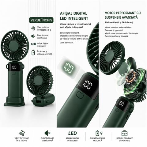 Ventilator portabil USB reîncărcabil, DEPOX®, silențios cu 5 trepte de viteză, verde [8]