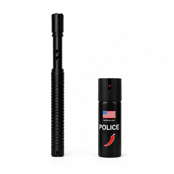 Set baston cu electrosoc extensibil si spray paralizan chili DEPOX , negru, full metalic, 49 cm  60 ml