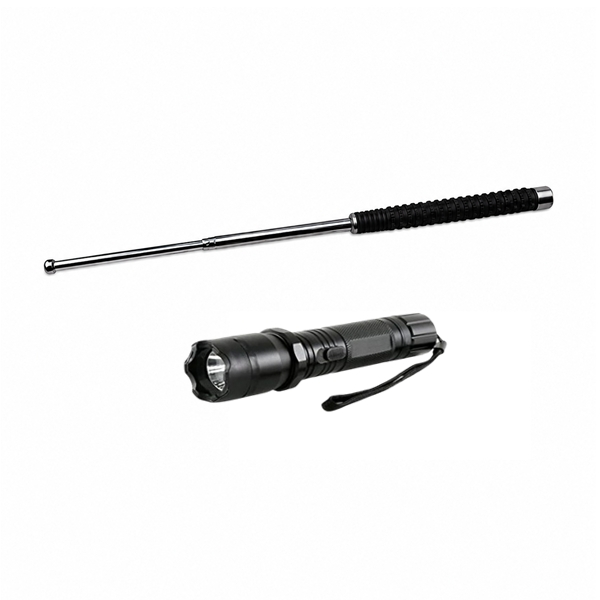 Set baston telescopic 3 sectiuni si electrosoc lanterna police DEPOX , 1000KV, Aluminiu otel inoxidabil, 64 cm, argintiu negru , husa inclusa