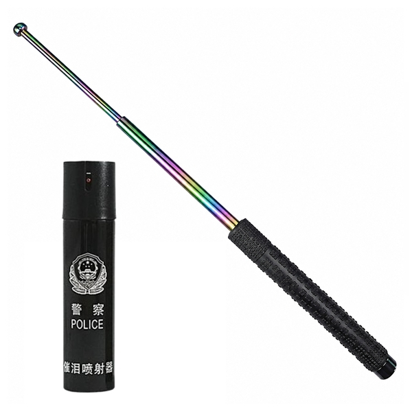 Set baston telescopic din otel si spray paralizant Police DEPOX , rainbow, 3 sectiuni, 66 cm 110 ml, husa inclusa