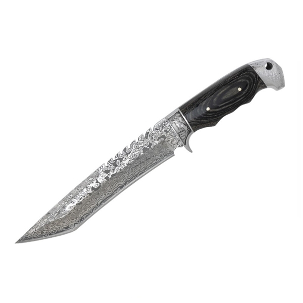 Cutit de vanatoare cu lama fixa DEPOX , Mâner din Lemn, Design Tip Damasc, Husă Cordura, 30 cm, Negru
