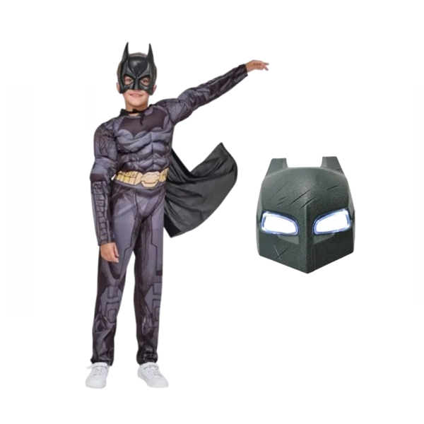 Set costum carnaval cu muschi si masca Batman, PVC cu LED-uri pentru copii DEPOX , 5-7 ani, gri