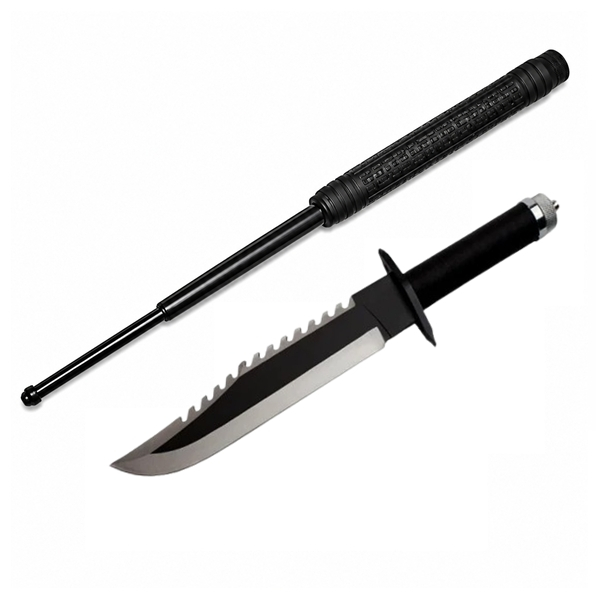 Set Cuțit Outdoor cu Lamă Fixă Bowie + Baston Telescopic din Oțel, Accesorii și Huse Incluse, 39,5 cm 64 cm