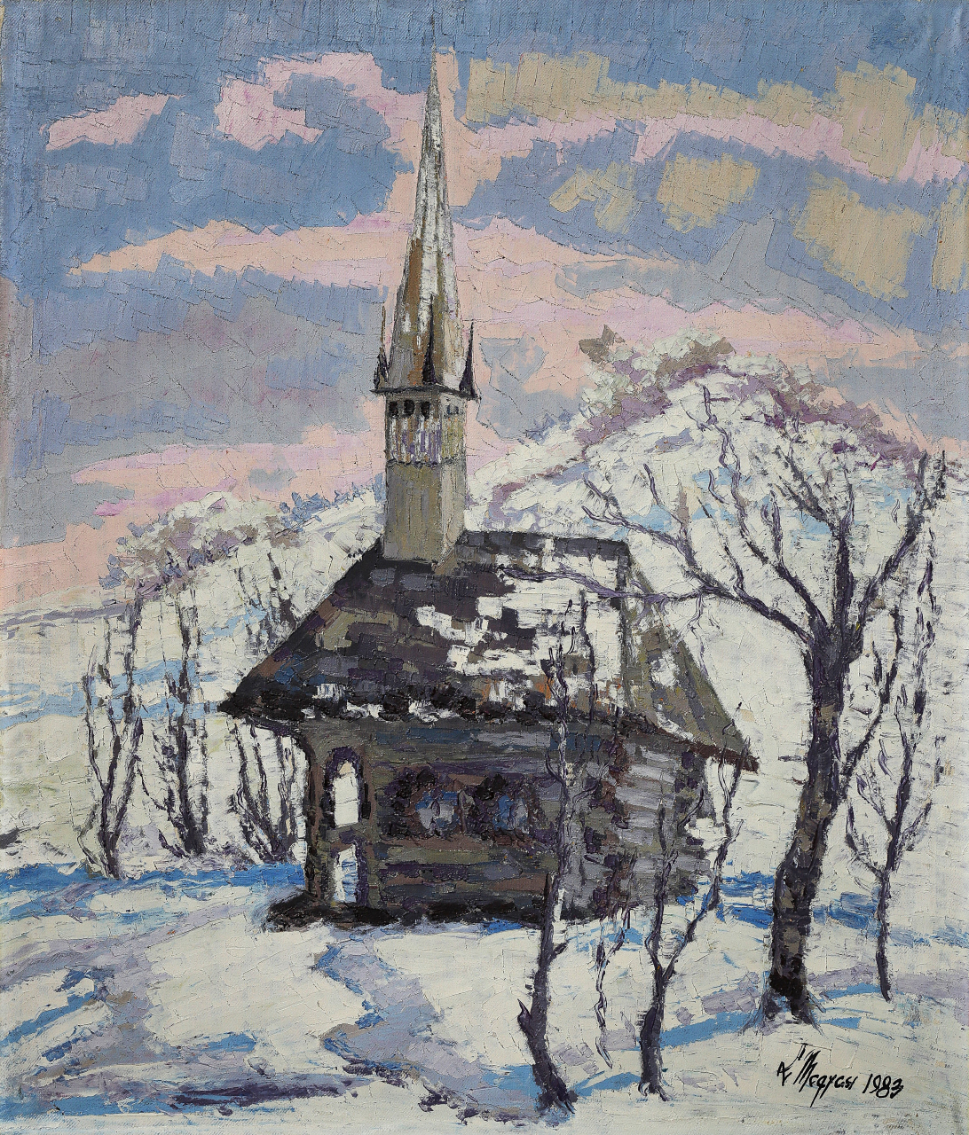 MEGYESI Lucreția, Peisaj de iarnă cu biserică de lemn maramureșană, 1983 [1]