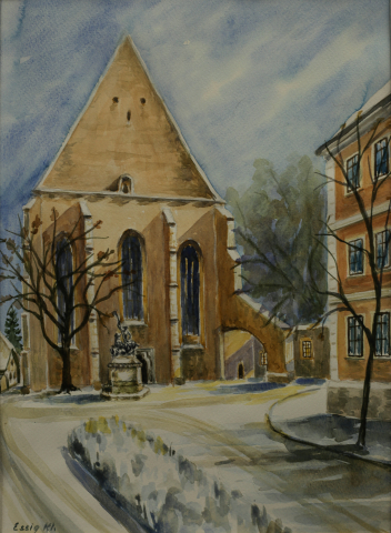 GRAPHICS - ESSIG KACSÓ Klára, Cityscape from Cluj with the Reformed Church