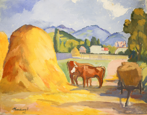 PICTURĂ - KARÁCSONY János, Peisaj cu fân și vite,1936