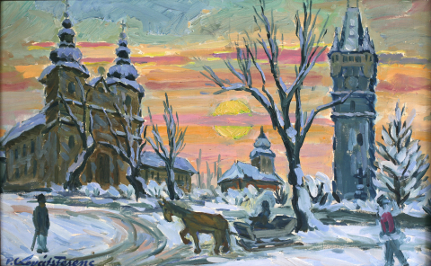 PAINTINGS - P. KOVÁTS Ferenc, Winter landscape with Stephen's Tower and the Roman Catholic Church in Baia Mare