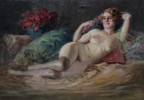 PAINTINGS - GEIGER Richard, Sitting Nude with Vase of Red Roses, early XX century