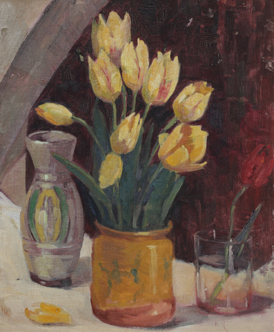 PICTURĂ - Coca-Odile ROMANO, Natură statică cu lalele și ceramică tradițională, 1928