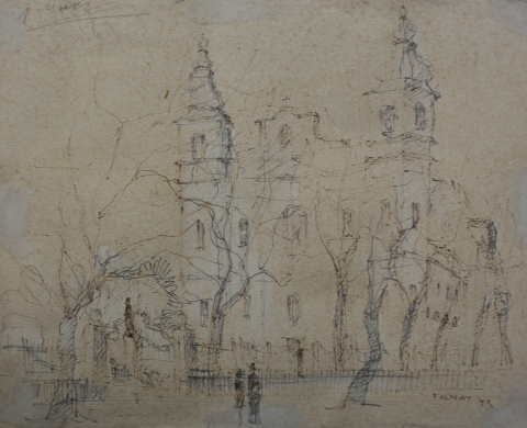 GRAFICĂ - Tibor TOLNAY, Peisaj orădean cu biserica romano-catolică, 1993