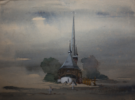 GRAPHICS - Unidentified AUTHOR,  Landscape with Wooden Church, 1998