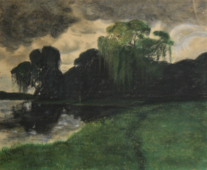 GRAFICĂ - AUTOR neidentificat, Peisaj cu lac și sălcii, 1950