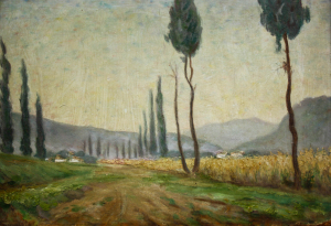 PICTURĂ - AUTOR neidentificat, Peisaj cu plopi