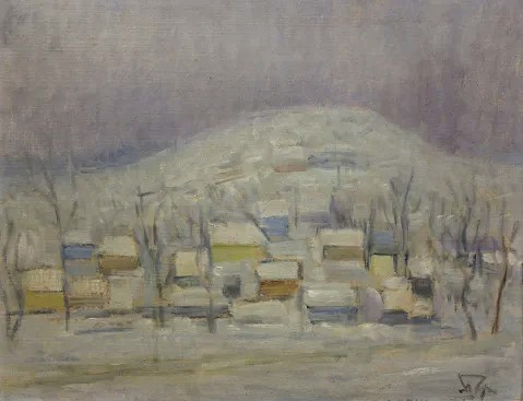PAINTINGS - Aurel POP, Winter Landscape with Houses on hte Hill