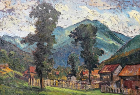 PICTURĂ - István INCZE, Peisaj cu sat montan, 1966