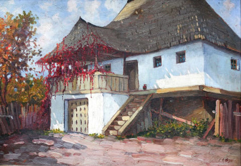 PICTURĂ - Leon Alexandru BIJU, Peisaj de toamnă și casă veche cu cerdac