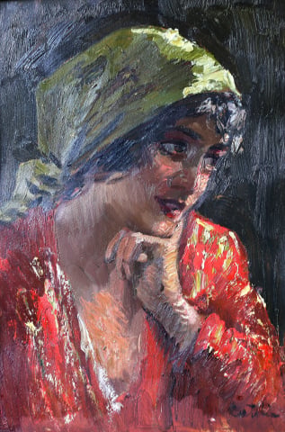 PAINTINGS - Theodor CATELIU,  Portrait of  Woman  in Red Dress