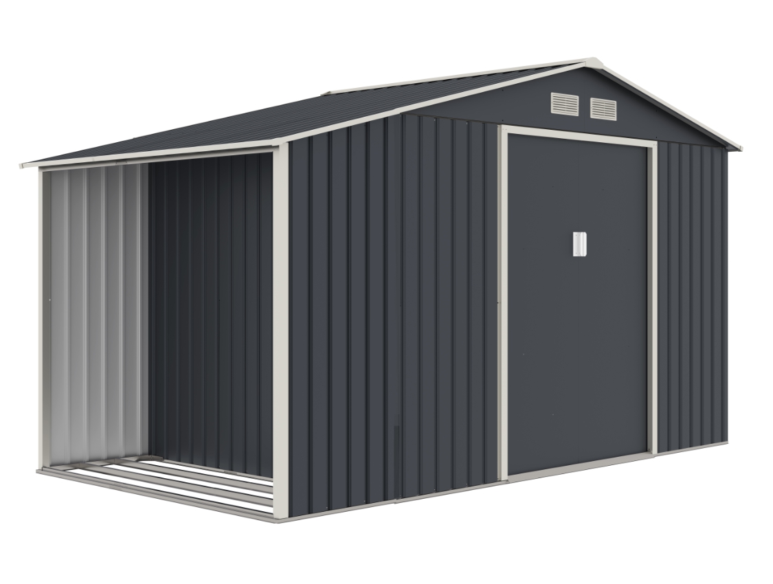 Casute pentru gradina - Casuta / magazie de gradina premium metalica, MESTERINO Luke B Gri/Bej, dimensiuni 342x191x202 cm, cu baza metalica