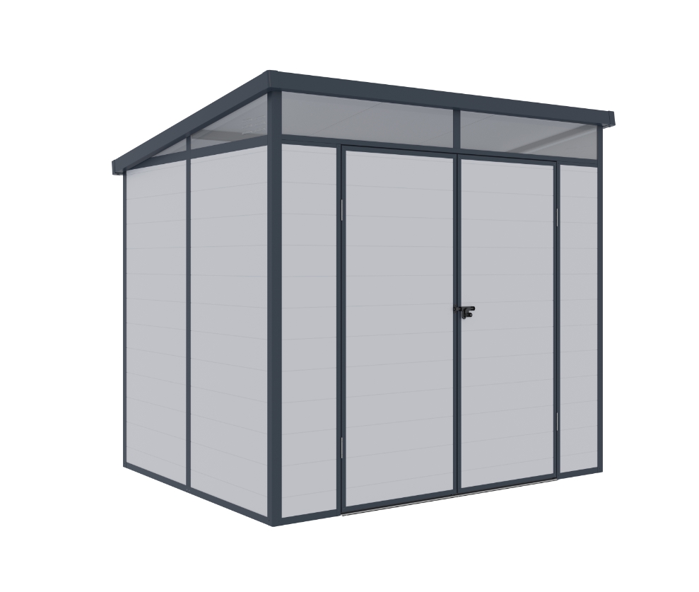 Casute pentru gradina - Casuta / magazie de gradina premium din material plastic, KLUGMEISTER Toya B Gri, dimensiuni 238x191x215 cm, cu baza metalica