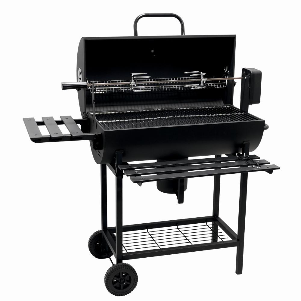 Gratare cu carbuni - Gratar pe carbuni KLUGMEISTER KY1813D, material otel, cu capac si roti deplasare, cu rotisor, suprafata gatire 71x35 cm