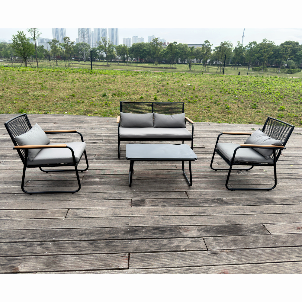 Set mobilier terasa/gradina KLUGMEISTER KJF3298, doua fotolii + canapea + masuta, cu perne incluse, culoare gri/negru [4]