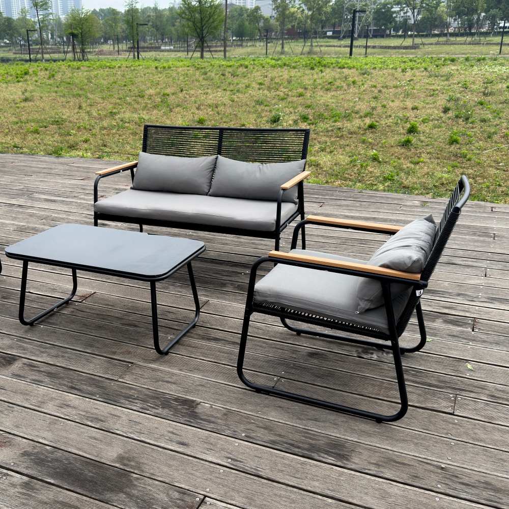 Set mobilier terasa/gradina KLUGMEISTER KJF3298, doua fotolii + canapea + masuta, cu perne incluse, culoare gri/negru [7]