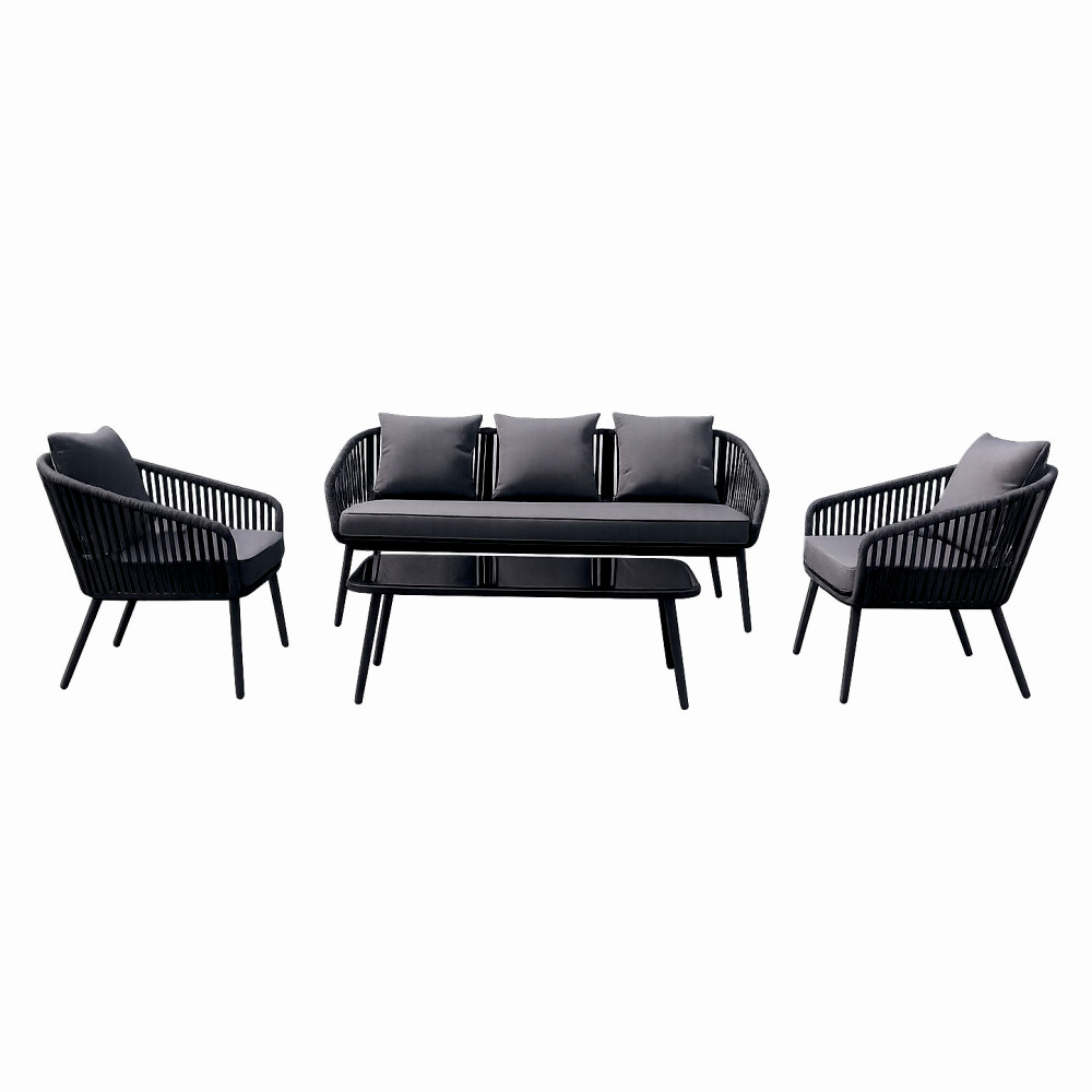 Seturi mese si scaune pentru gradina - Set mobiler terasa/gradina din aluminiu KLUGMEISTER KJF10537, canapea + doua fotolii + masa din sticla (perne incluse), culoare gri