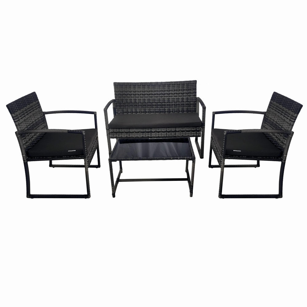 Seturi mese si scaune pentru gradina - Set mobilier terasa/gradina tip ratan KLUGMEISTER KJF4965, canapea + doua fotolii + masuta din sticla securizata, culoare gri