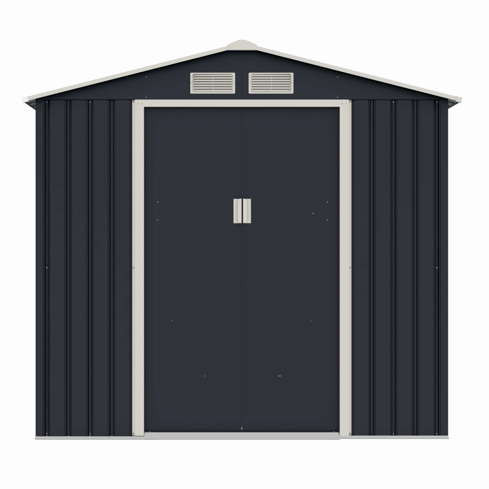 Casute pentru gradina - Casuta / magazie de gradina premium metalica MESTERINO Archer-A, Gri/Bej, dimensiuni 213x131x195 cm, cu usi culisante si baza metalica