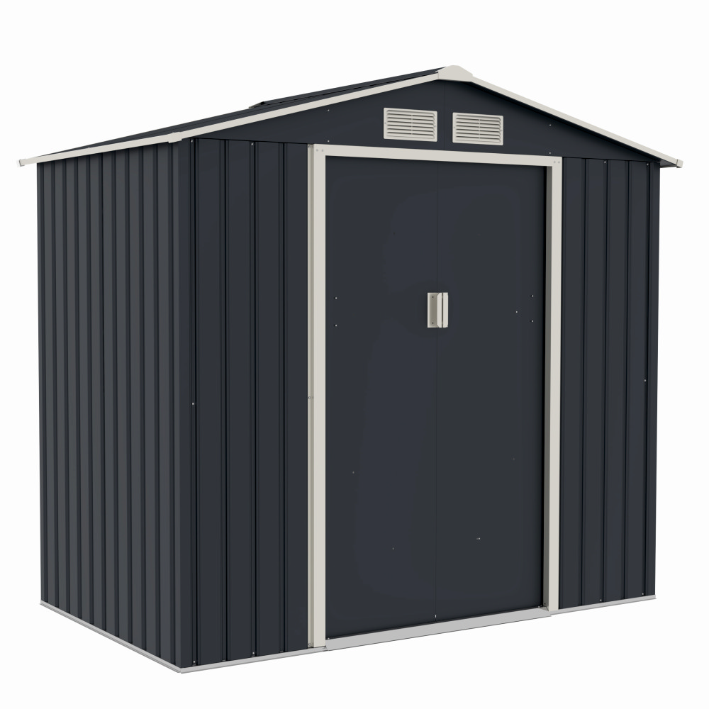 Casuta / magazie de gradina premium metalica MESTERINO Archer-A, Gri/Bej, dimensiuni 213x131x195 cm, cu usi culisante si baza metalica [1]