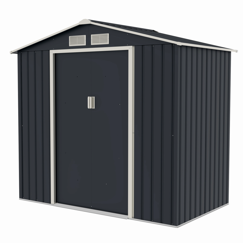 Casuta / magazie de gradina premium metalica MESTERINO Archer-A, Gri/Bej, dimensiuni 213x131x195 cm, cu usi culisante si baza metalica [2]