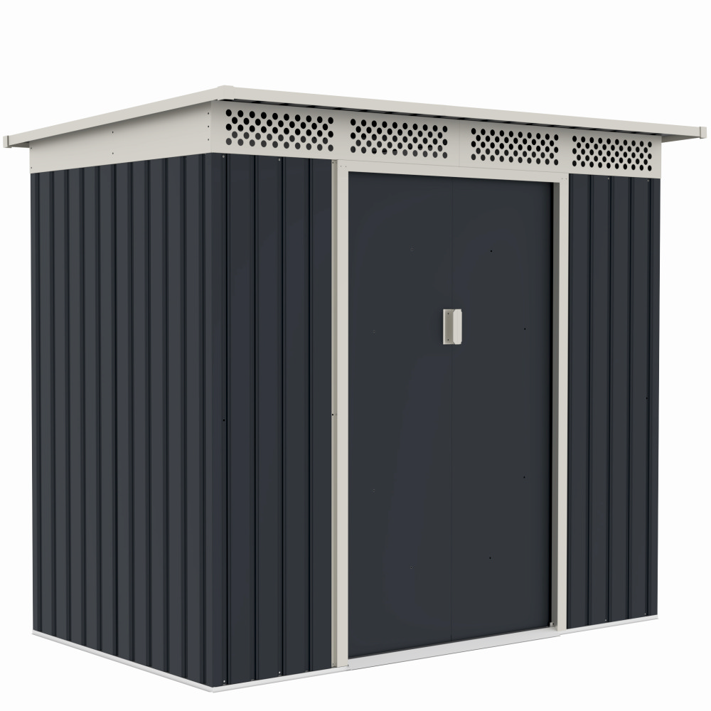 Casute pentru gradina - Casuta / magazie de gradina premium metalica, MESTERINO Bella-A, Gri/Bej, dimensiuni 215x142x184 cm, cu usi culisante si baza metalica