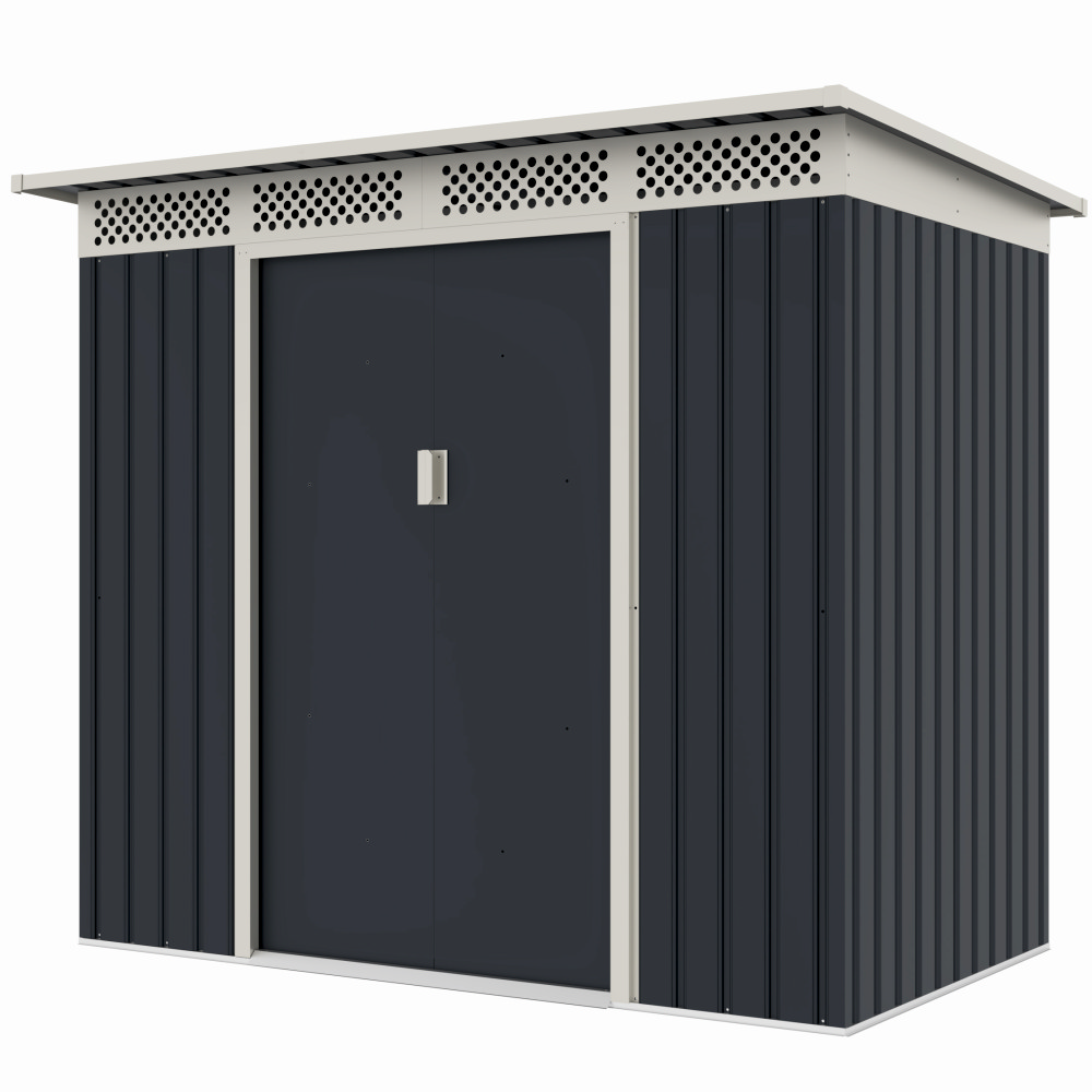 Casuta / magazie de gradina premium metalica, MESTERINO Bella-A, Gri/Bej, dimensiuni 215x142x184 cm, cu usi culisante si baza metalica [2]