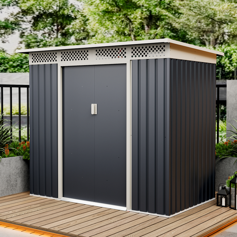 Casuta / magazie de gradina premium metalica, MESTERINO Bella-A, Gri/Bej, dimensiuni 215x142x184 cm, cu usi culisante si baza metalica [4]