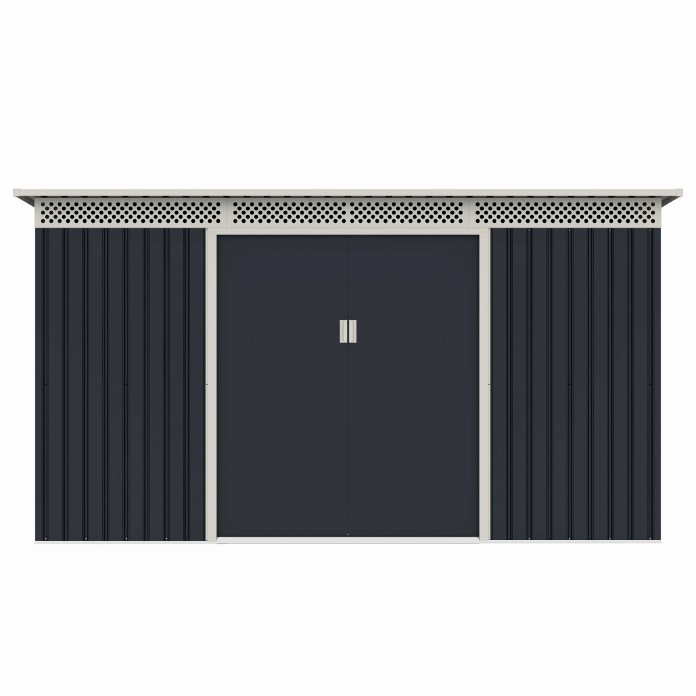 Casute pentru gradina - Casuta / magazie de gradina premium metalica, MESTERINO Bella-C, Gri/Bej, dimensiuni 343x142x184 cm, cu usi culisante si baza metalica