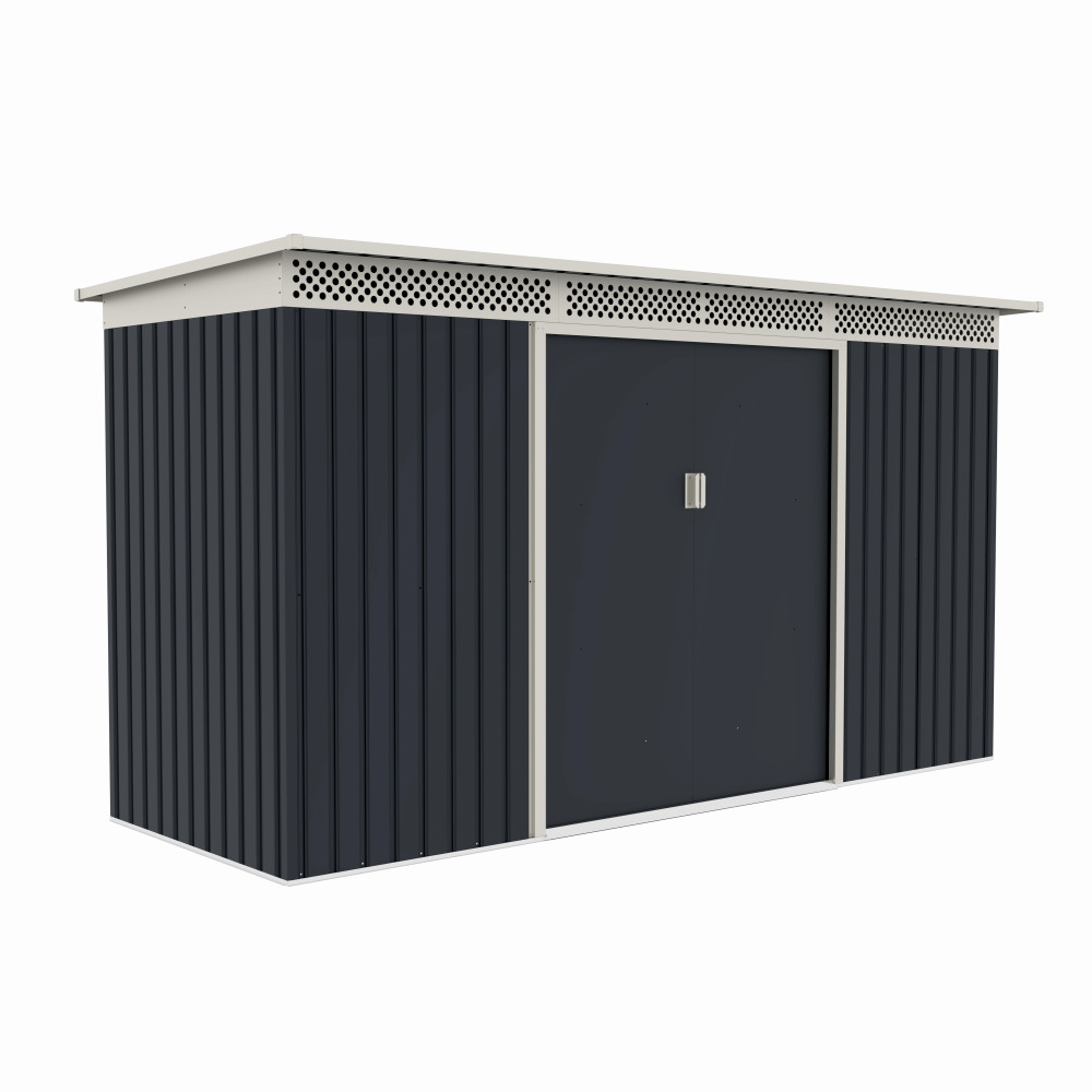 Casuta / magazie de gradina premium metalica, MESTERINO Bella-C, Gri/Bej, dimensiuni 343x142x184 cm, cu usi culisante si baza metalica [1]