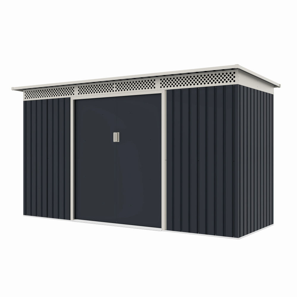 Casuta / magazie de gradina premium metalica, MESTERINO Bella-C, Gri/Bej, dimensiuni 343x142x184 cm, cu usi culisante si baza metalica [2]