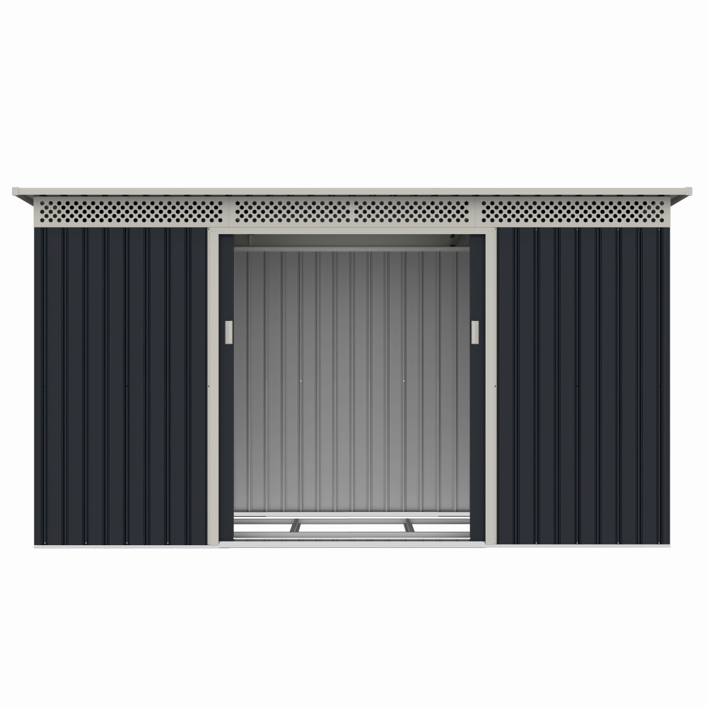 Casuta / magazie de gradina premium metalica, MESTERINO Bella-C, Gri/Bej, dimensiuni 343x142x184 cm, cu usi culisante si baza metalica [3]