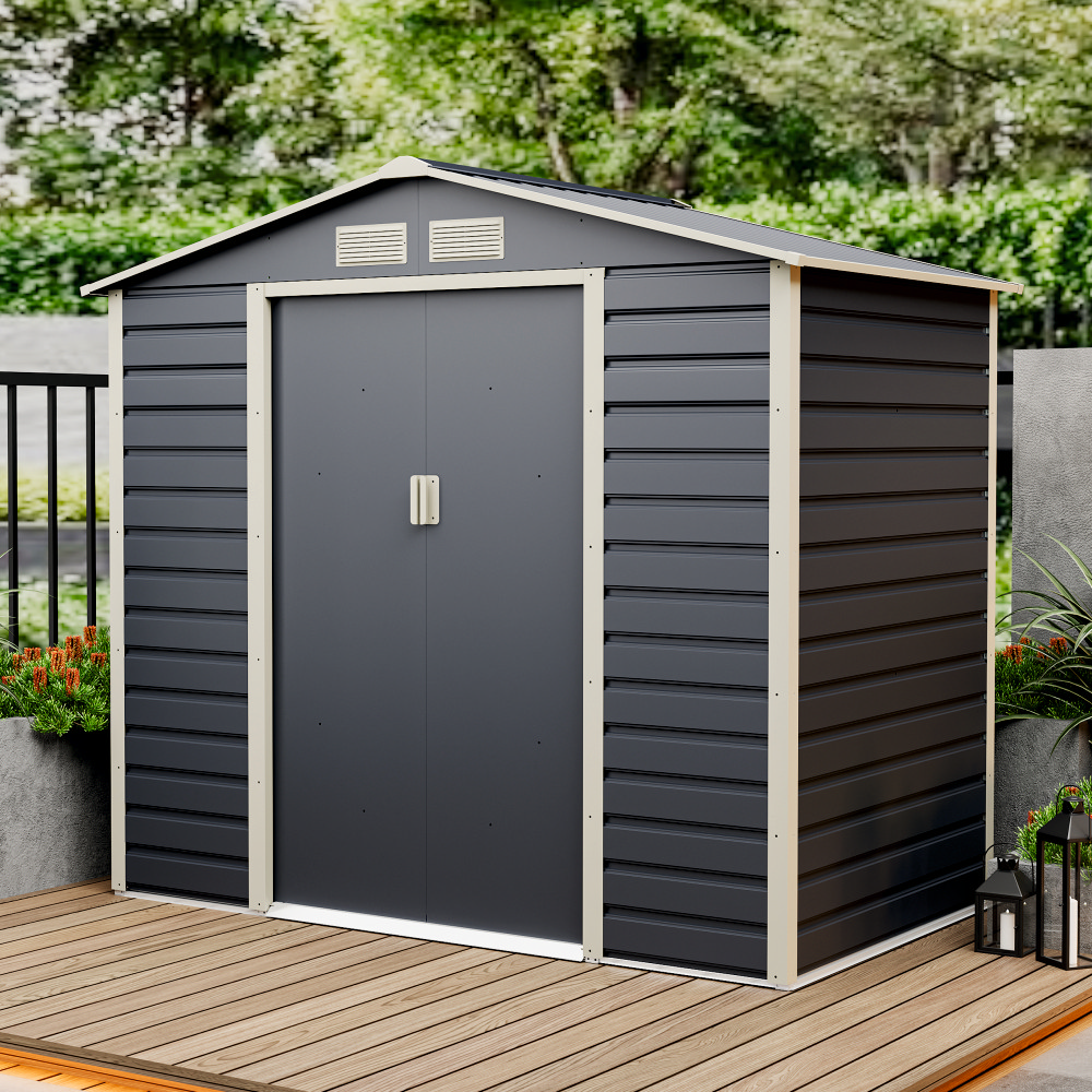 Casuta / magazie de gradina premium metalica, MESTERINO Evan-A, Gri/Bej, dimensiuni 213x131x192 cm, cu usi culisante si baza metalica [4]