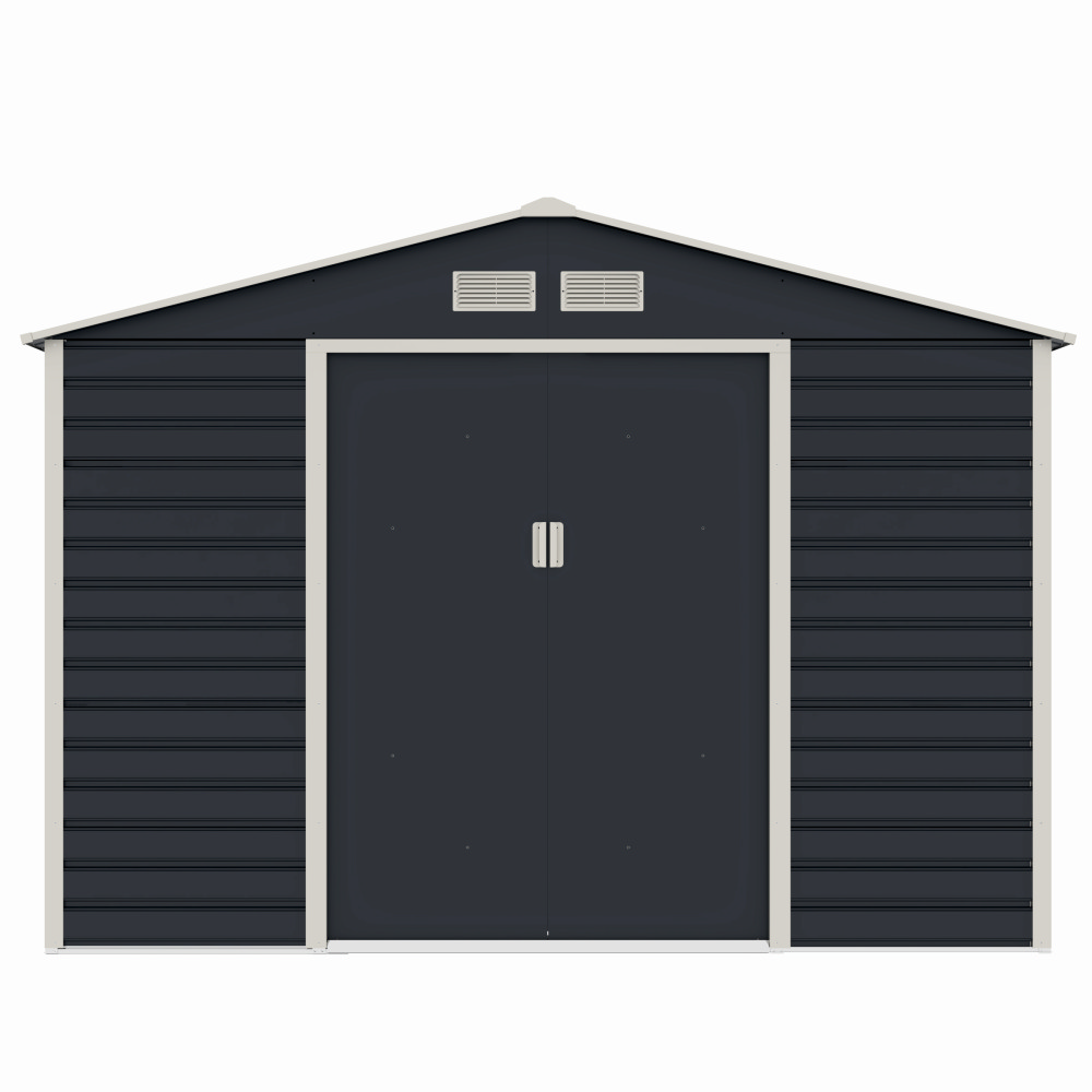 Casute pentru gradina - Casuta / magazie de gradina premium metalica, MESTERINO Evan-C, Gri/Bej, dimensiuni 277x195x200 cm, cu usi culisante si baza metalica
