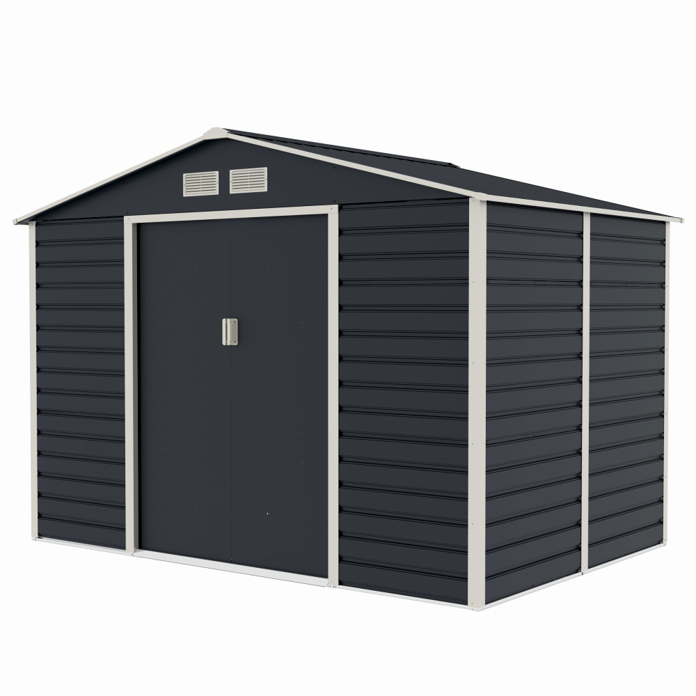 Casuta / magazie de gradina premium metalica, MESTERINO Evan-C, Gri/Bej, dimensiuni 277x195x200 cm, cu usi culisante si baza metalica [2]