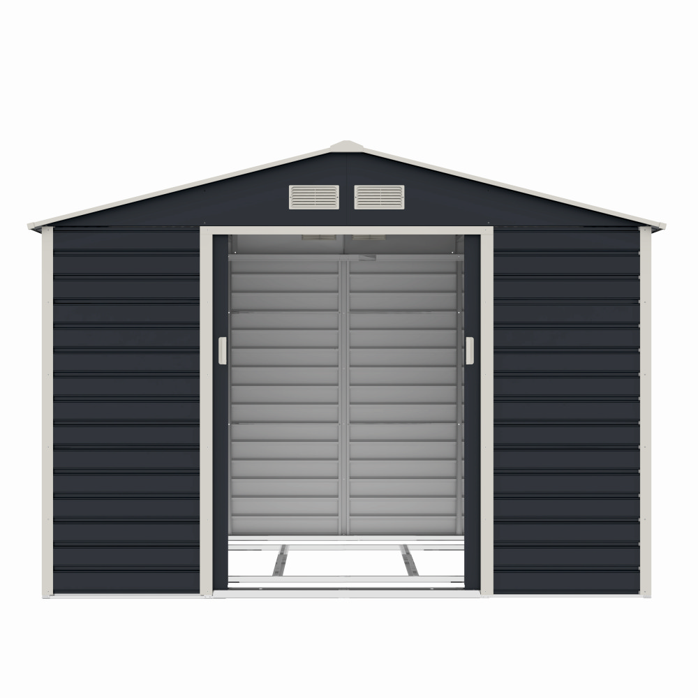 Casuta / magazie de gradina premium metalica, MESTERINO Evan-C, Gri/Bej, dimensiuni 277x195x200 cm, cu usi culisante si baza metalica [3]