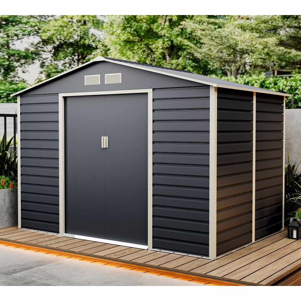 Casuta / magazie de gradina premium metalica, MESTERINO Evan-C, Gri/Bej, dimensiuni 277x195x200 cm, cu usi culisante si baza metalica [4]